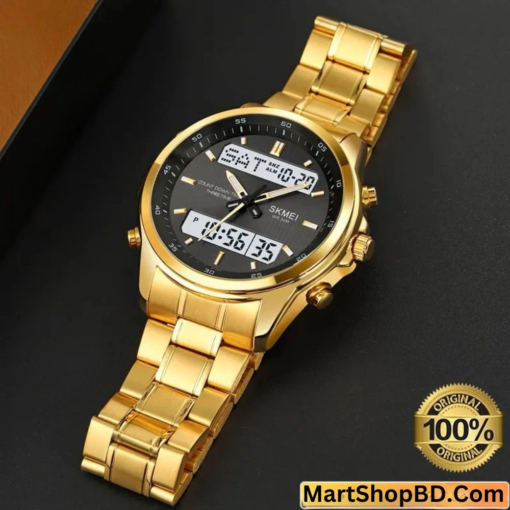 SKMEI 2049 LED Dual Display Stainless Steel Premium Watch(Golden Black) - Image 2