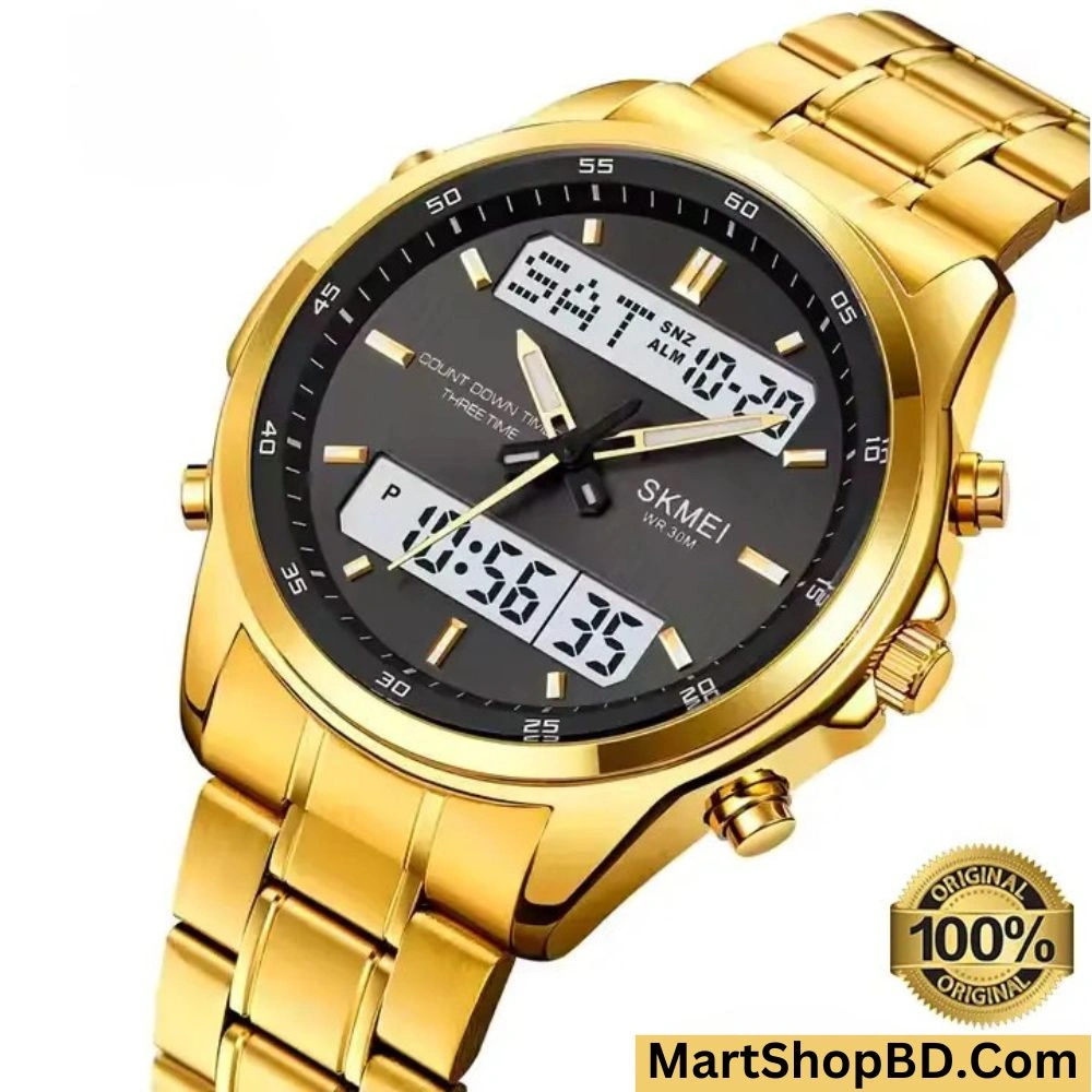 SKMEI 2049 LED Dual Display Stainless Steel Premium Watch(Golden Black)