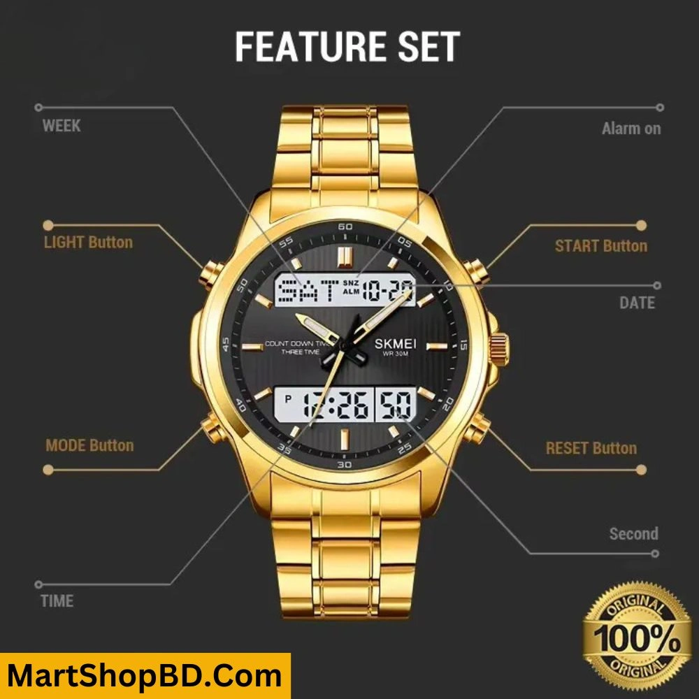 SKMEI 2049 LED Dual Display Stainless Steel Premium Watch(Golden Black) - Image 5