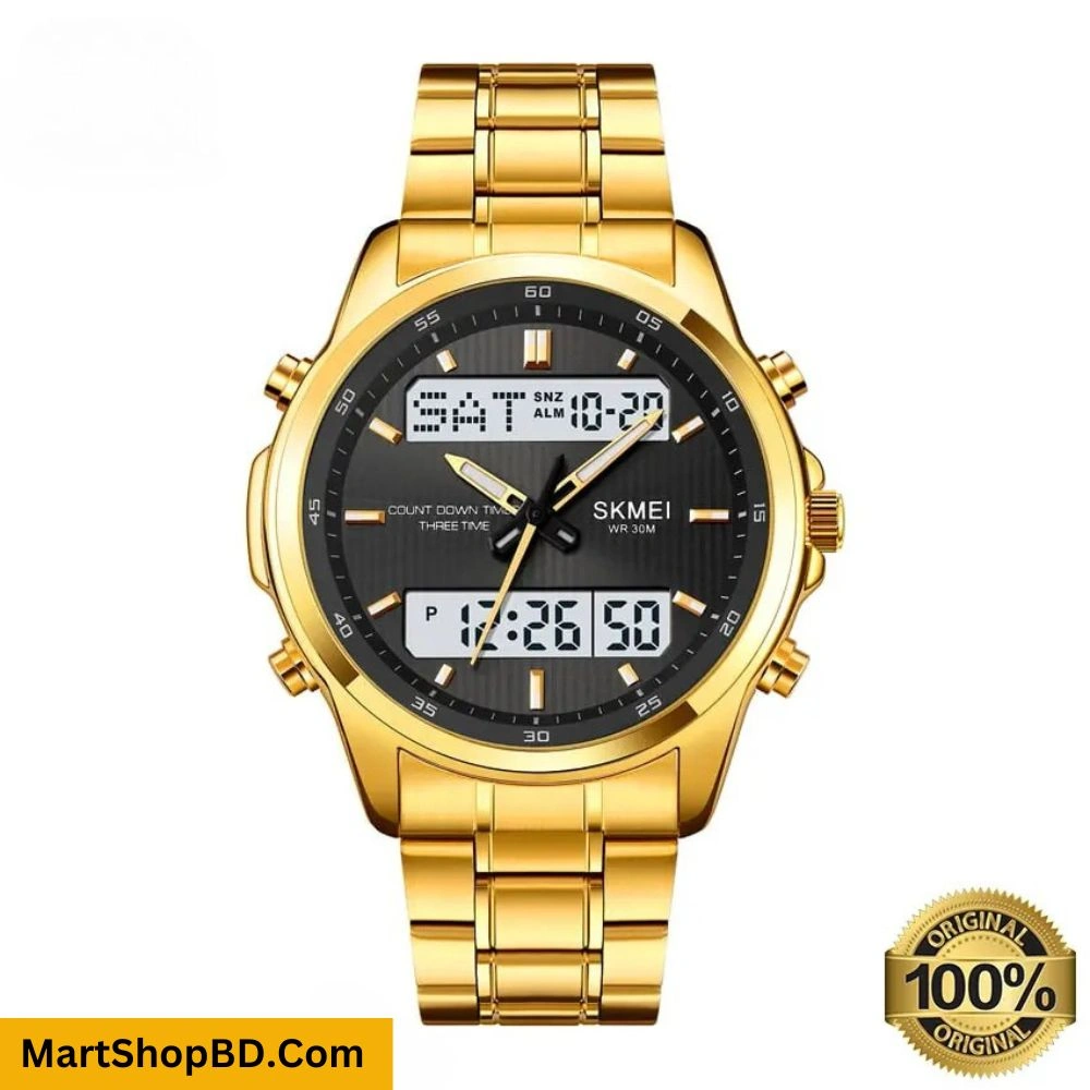 SKMEI 2049 LED Dual Display Stainless Steel Premium Watch(Golden Black) - Image 4